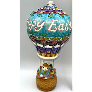 Vintage HTF Beautiful Happy Easter Bunny Rabbit In A Hot Air Balloon Flying